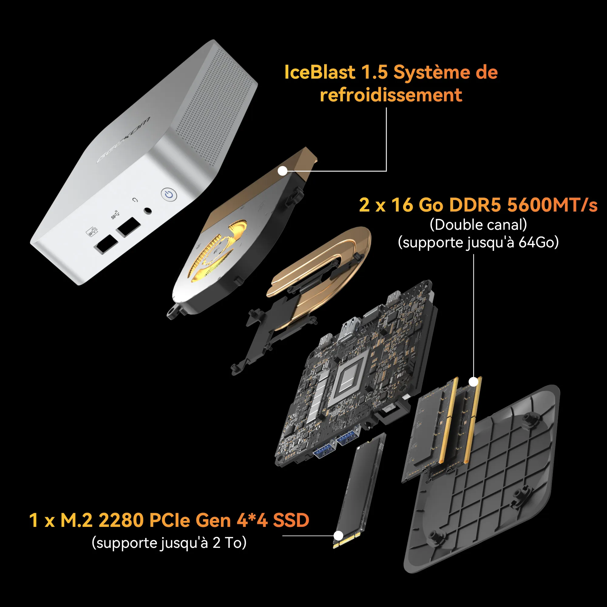 Structure interne du GEEKOM A8 Mini PC AMD Ryzen 9 8945HS ou Ryzen 7 8845HS